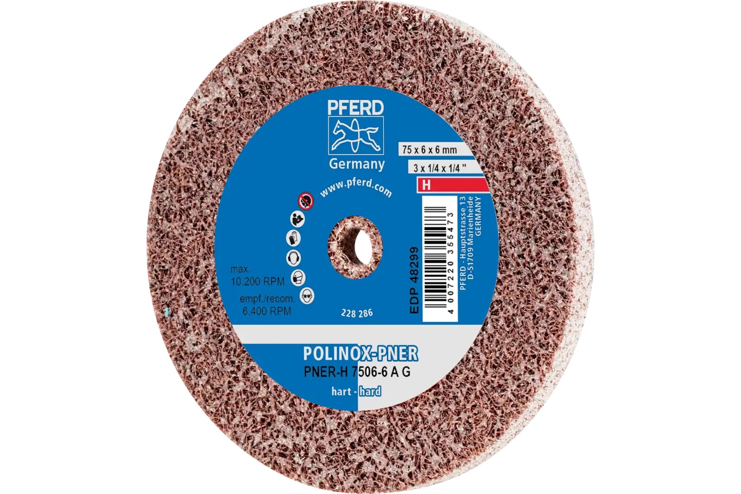 Picture of Pferd Polinox® Unitized Wheel, 3" X 1/4 X 1/4, Coarse, Medium-Hard, 8Ac, Aluminum Oxide